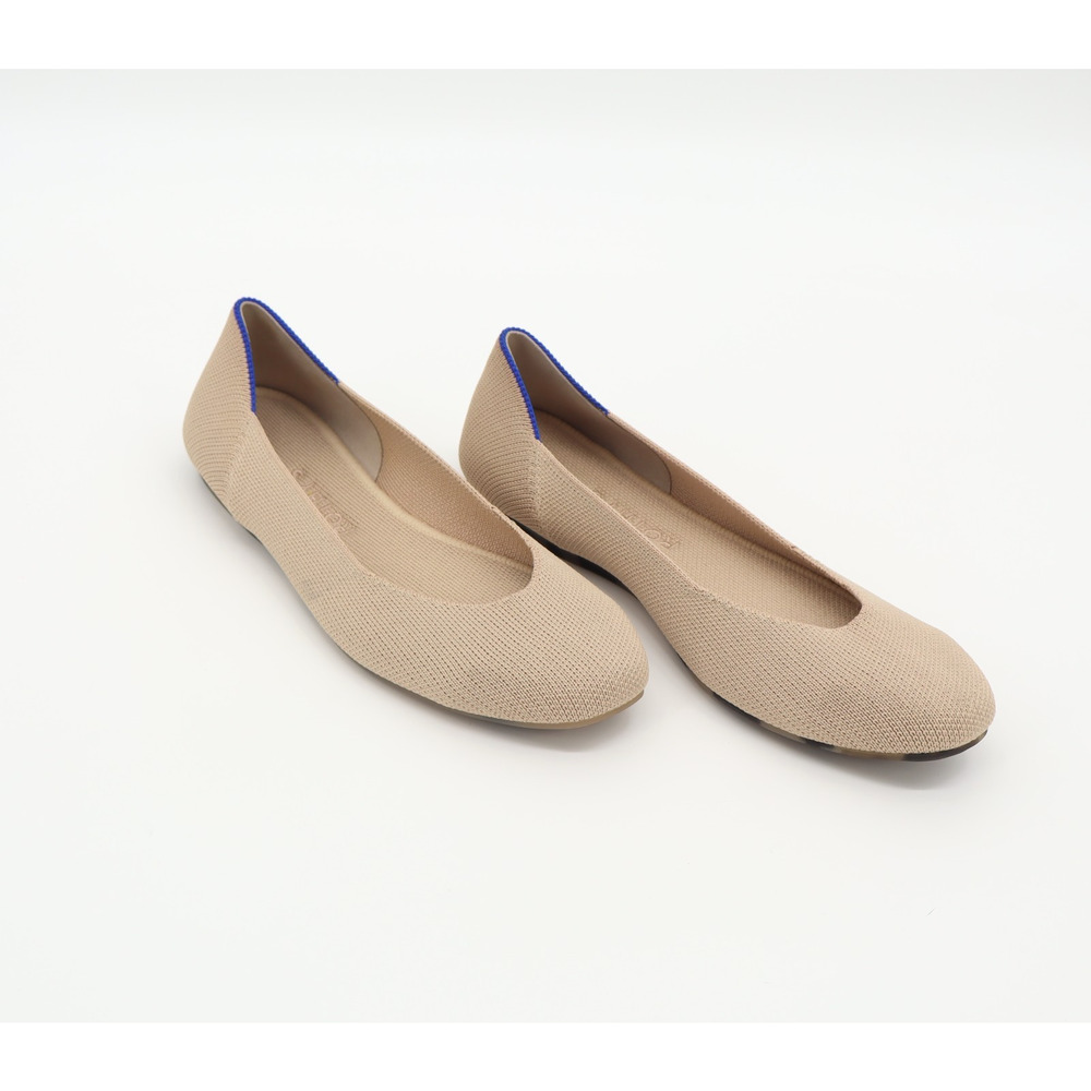 Beige Knit Ballet Flats with Blue Trim - Women's Comfort Loafers
